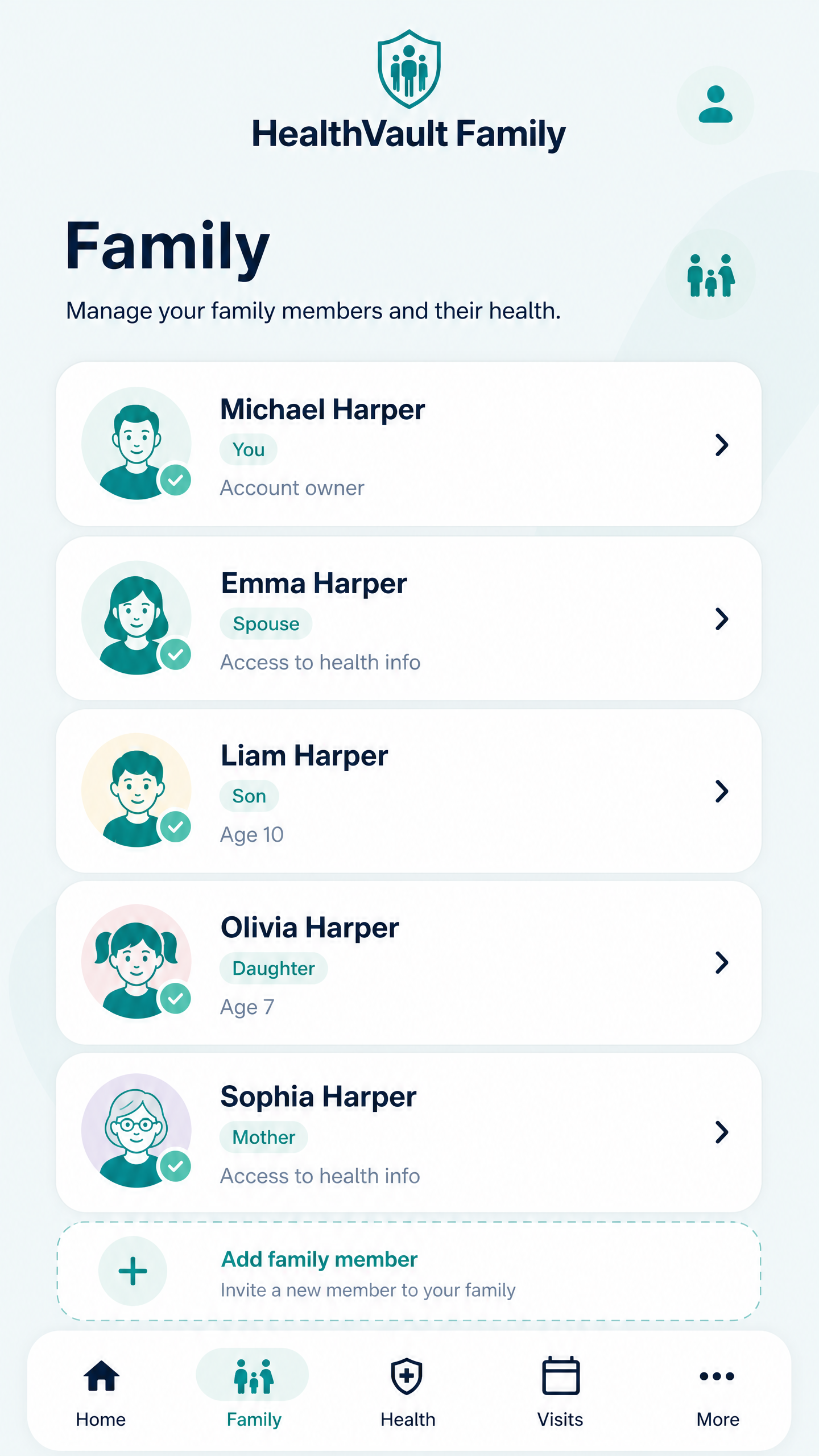 HealthVault Family family-member organization screen