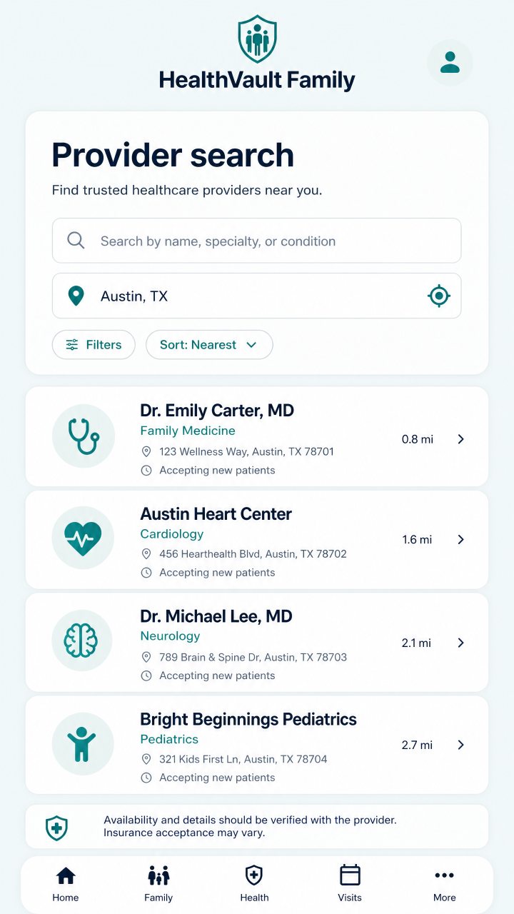 Illustrative HealthVault Family provider search screen