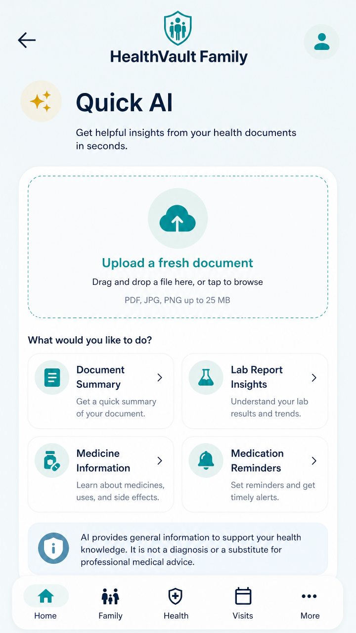 HealthVault Family Quick AI document upload screen
