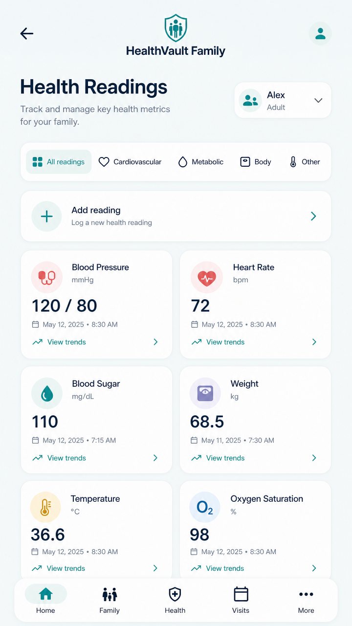 HealthVault Family health readings screen with vital categories