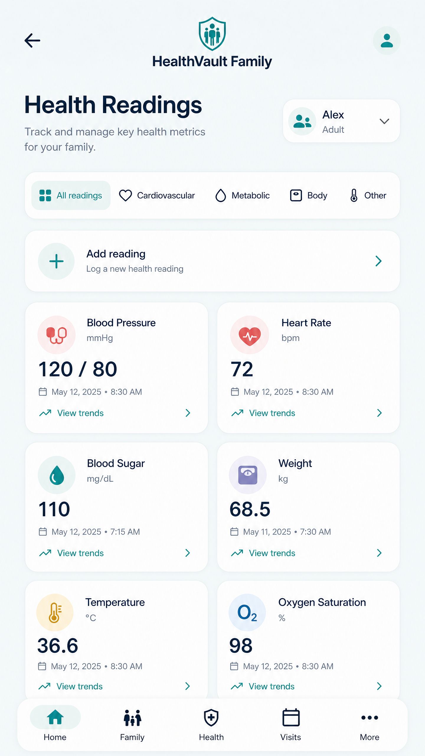 HealthVault Family health readings screen with vital categories